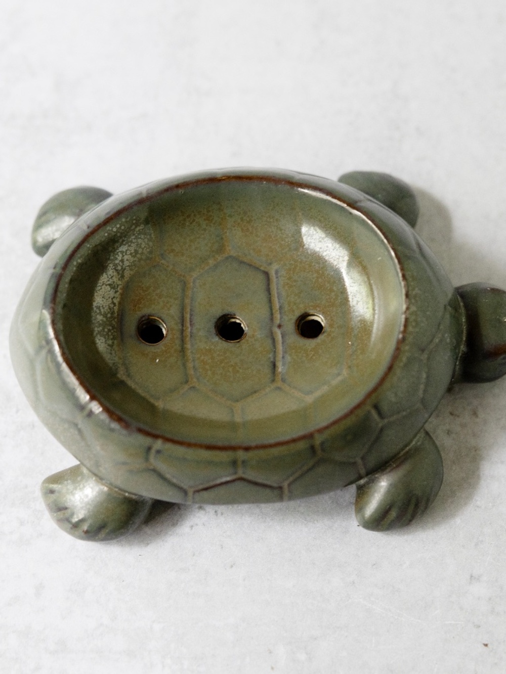 Vintage green iridescent pottery turtle soap dish 6 inches long